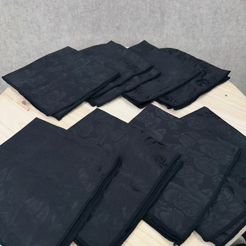 VTG Set of 8 Solid Black Napkins 16.5x16.5 Black Floral Damask